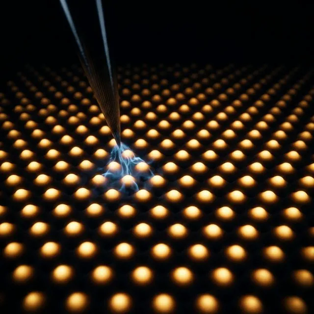 Atoms on a surface imaged by scanning tunneling microscope, showing individual atomic peaks