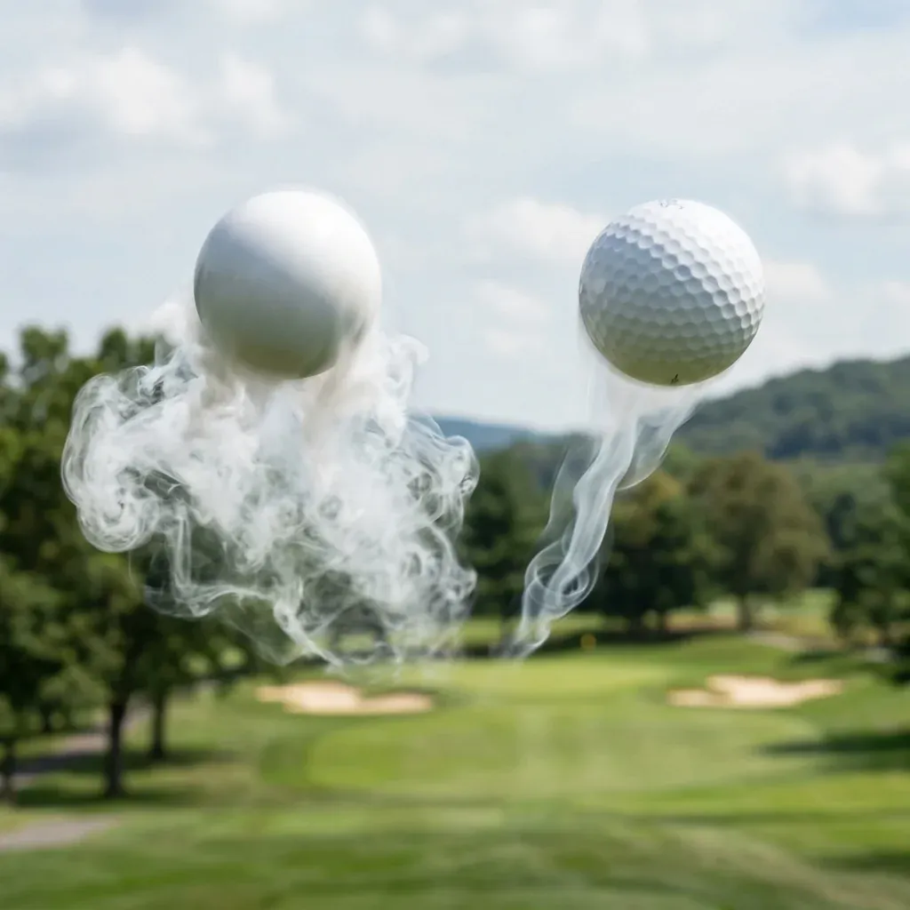 Two golf balls flying through air toward the viewer side by side &ndash; the left smooth ball trails a fat, broad turbulent wake, the right dimpled ball trails a dramatically narrower, almost streamlined wake