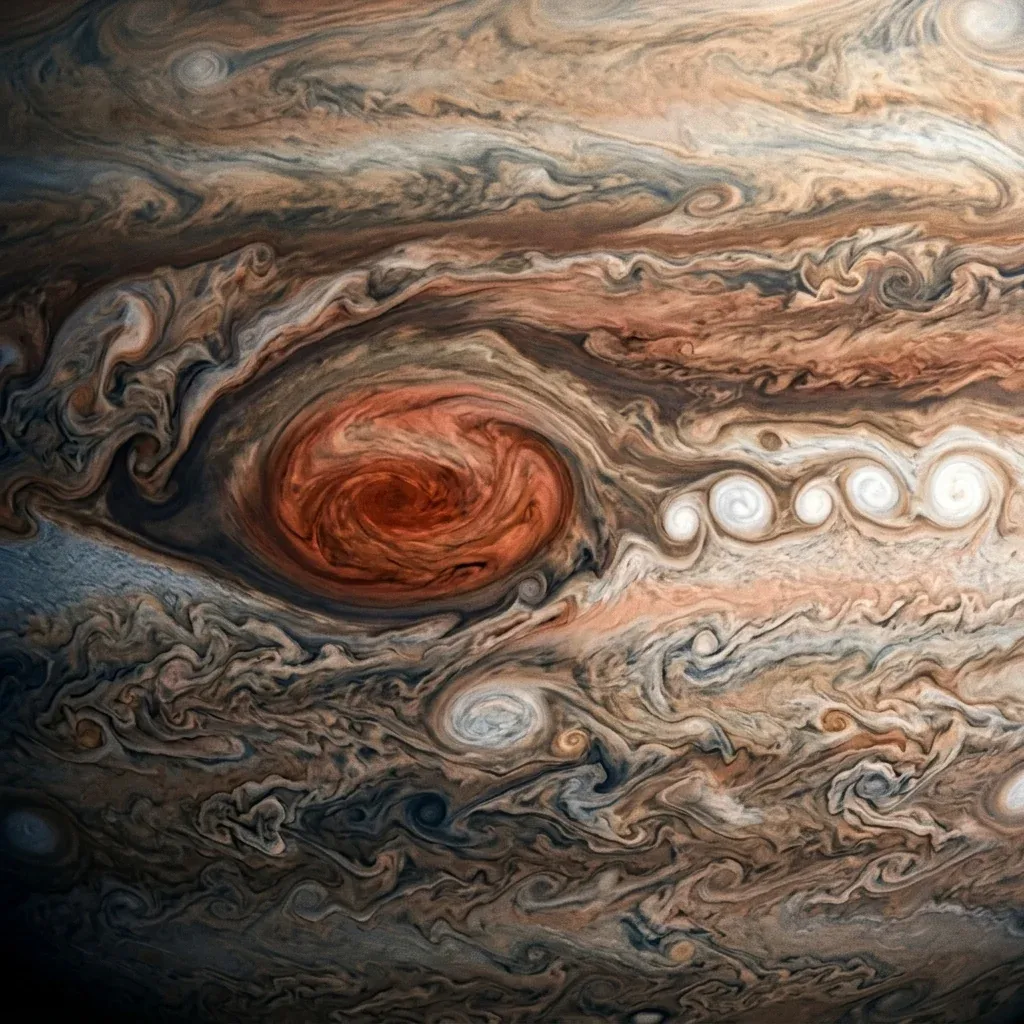 Closeup of Jupiter's banded atmosphere dominated by the Great Red Spot in the center-left and a chain of smaller white anticyclones to its right, streams of brown, cream, and salmon-coloured gas curling and braiding past one another