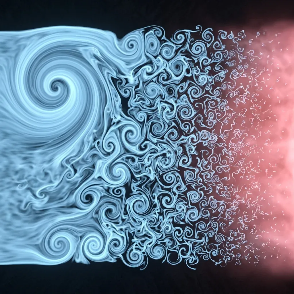 A horizontal flow of pale blue fluid moving left to right &ndash; one enormous slow vortex on the left, a swarm of medium swirls in the middle, tiny micro-eddies on the right fading into a faint pink heat glow
