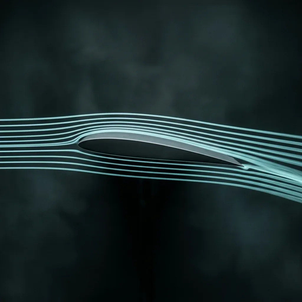 Side view of an aircraft wing section tilted at a small positive angle of attack, with pale cyan streamlines approaching from the left, curving over the wing, and exiting on the right sloping clearly downward below the original horizontal level