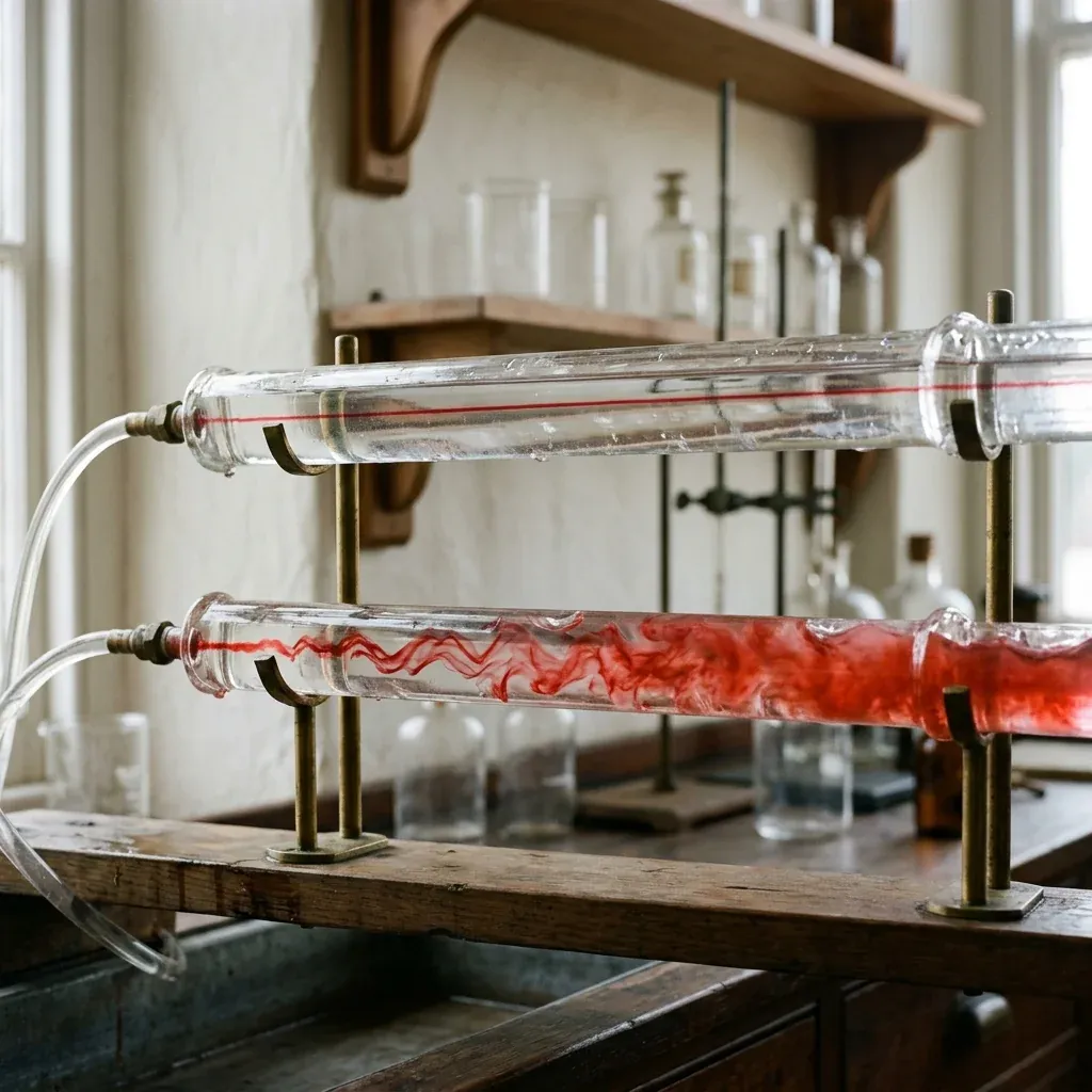 Two horizontal transparent glass pipes side by side &ndash; the upper pipe has a thin straight thread of red dye running unbroken from injection to the far end (laminar), the lower pipe has the same red dye breaking into wavy filaments then dispersing into a turbid red cloud