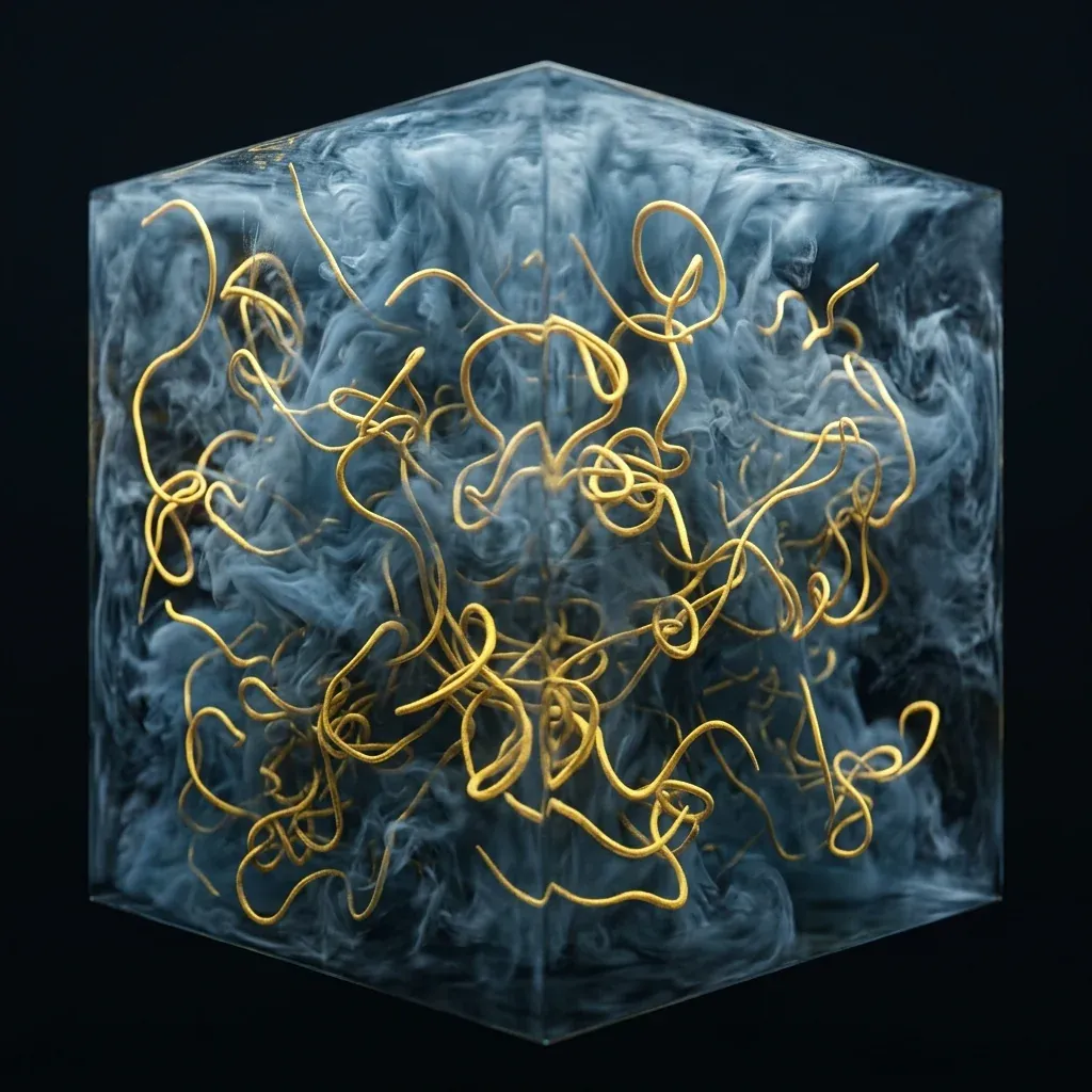 A volumetric rendering of a turbulent fluid box, mostly translucent blue-grey, with several dozen bright golden-yellow snake-like vortex filaments writhing and tangling through it, some forming loops or hairpins