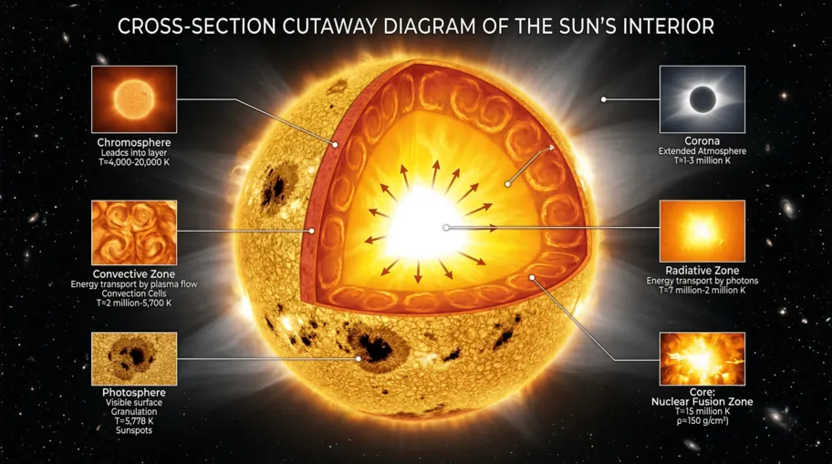 Cross-Section of Sun Showing Nuclear Fusion in Core Powered by Weak Force